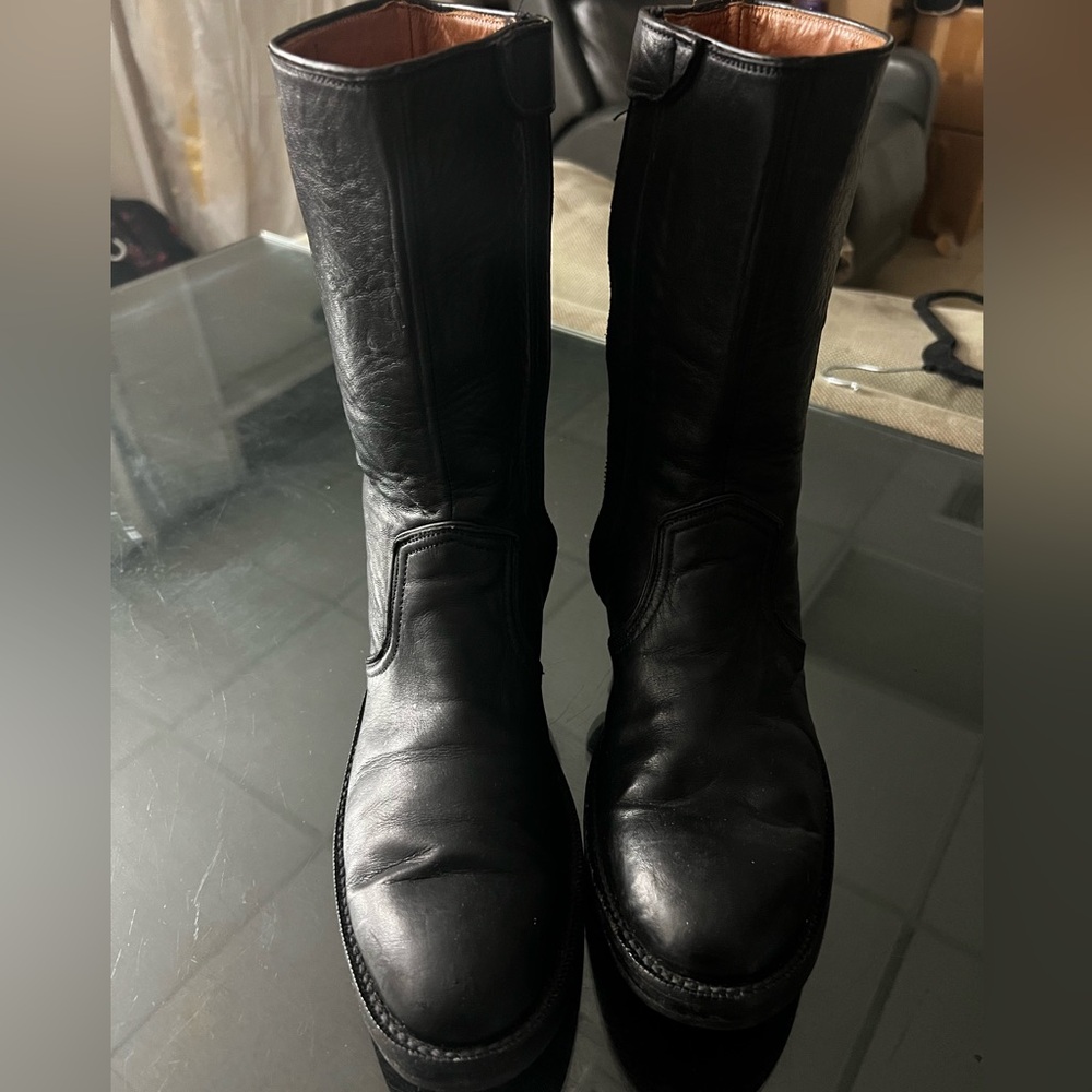 This is a pair of black leather Black Jack boots, handmade in the U.S.A.